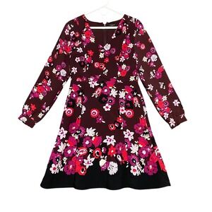 Ann Taylor Factory Floral Print V Neck Long Sleeve A Line Dress Size 6 Plum Pink